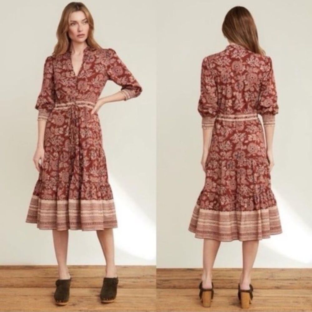 Veronica Beard Swedie Red Floral Cotton Border Print Midi Dress 2 EUC